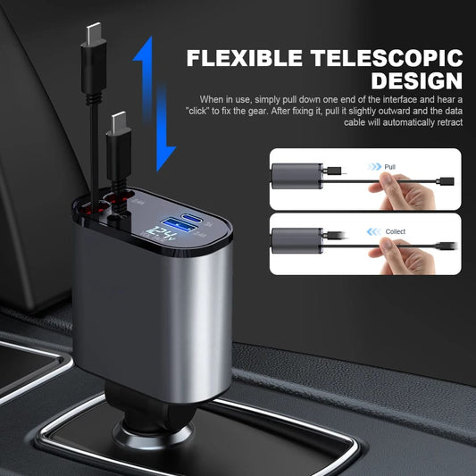 4 In 1 Car Charger 120W With Retractable Cable