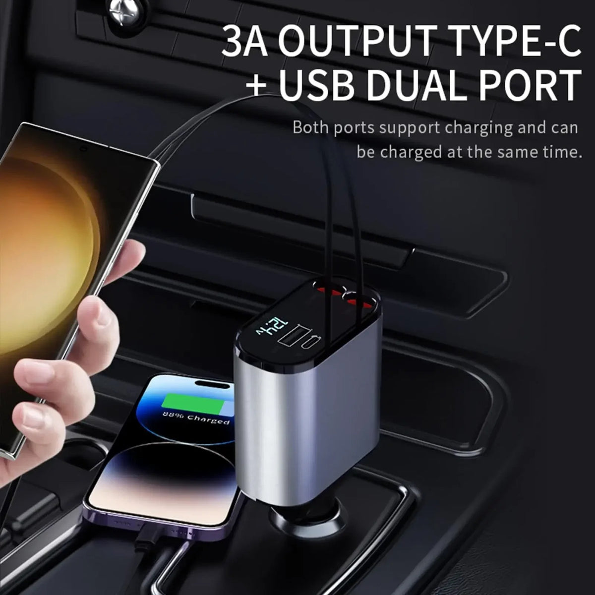 4 In 1 Car Charger 120W With Retractable Cable