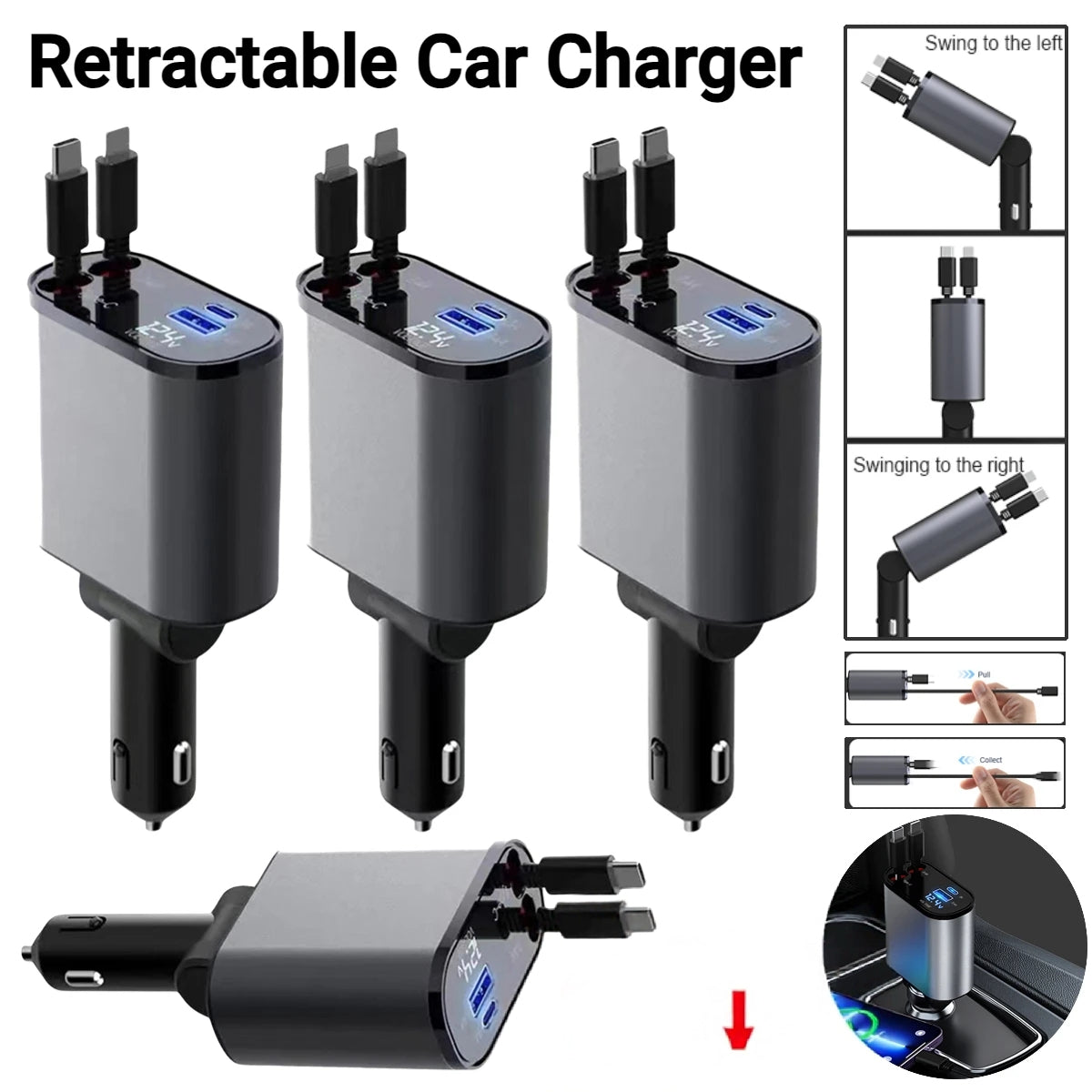 4 In 1 Car Charger 120W With Retractable Cable