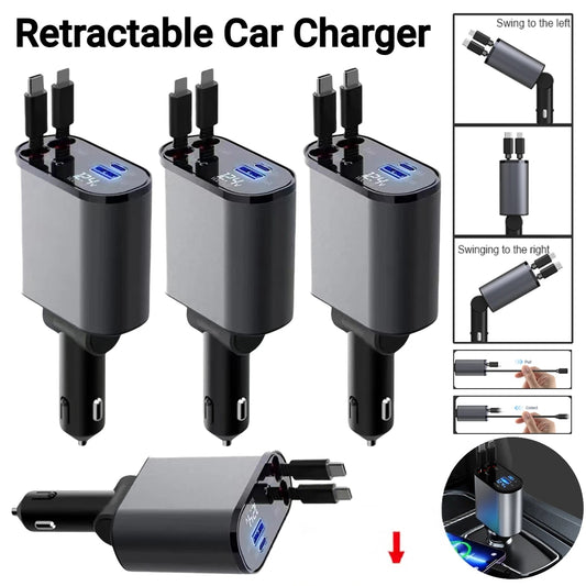4 In 1 Car Charger 120W With Retractable Cable